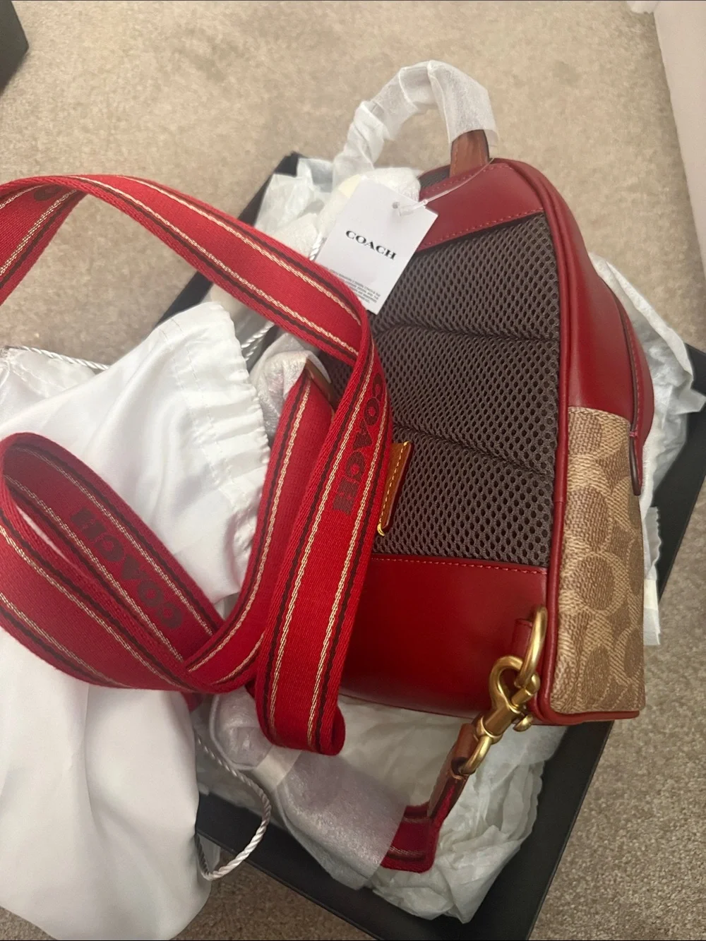 Coach Mini Backpack in Khaki Signature Canvas with Red and Purple Accents
